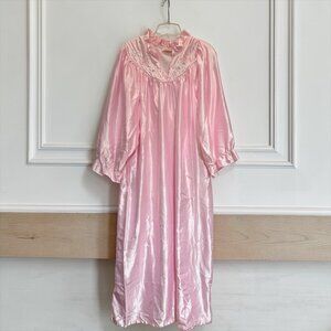 Vtg 80s Elise Stevens Nightgown Large Satin Floral Embroidered Pink USA